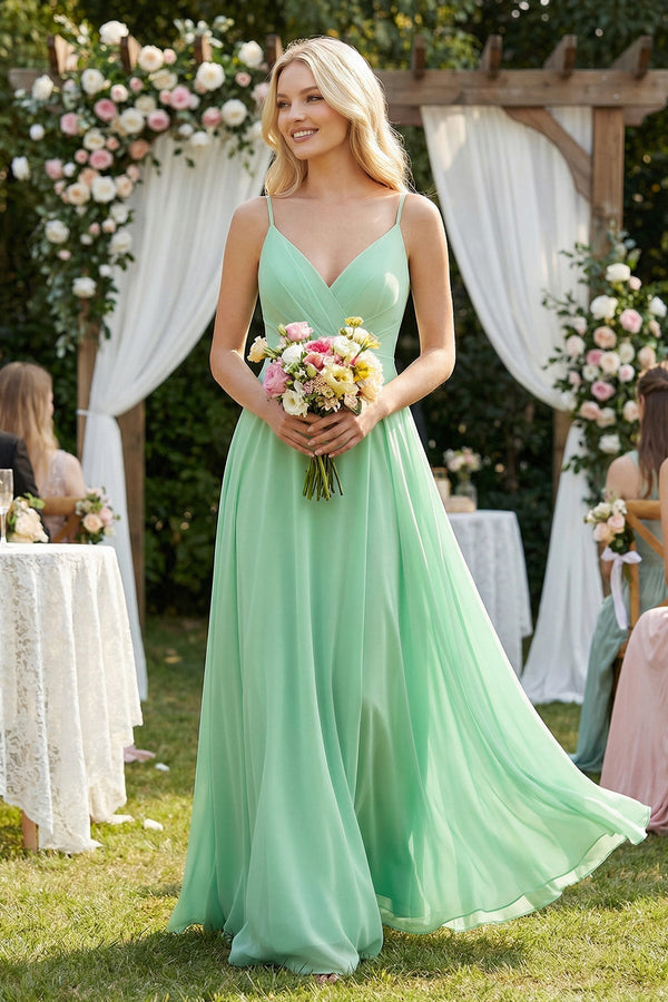 A-Line Spaghetti Strap Chiffon Bridesmaid Dress in Pale Pistachio - KISS BRIDAL BRIDESMAID DRESSES