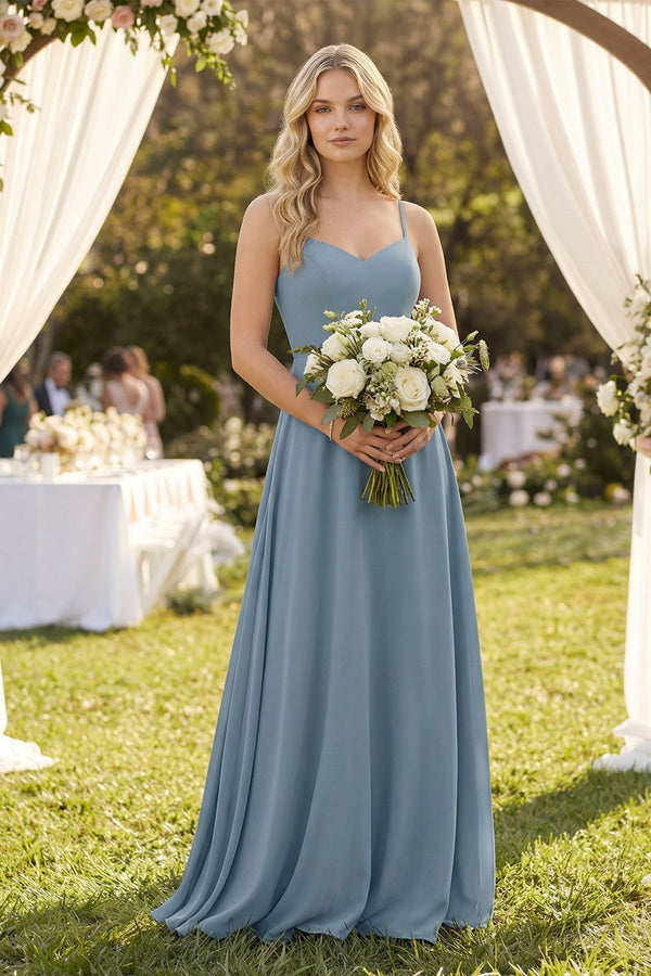 A-Line Chiffon Spaghetti Strap Bridesmaid Dress in Neptune - KISS BRIDAL BRIDESMAID DRESSES