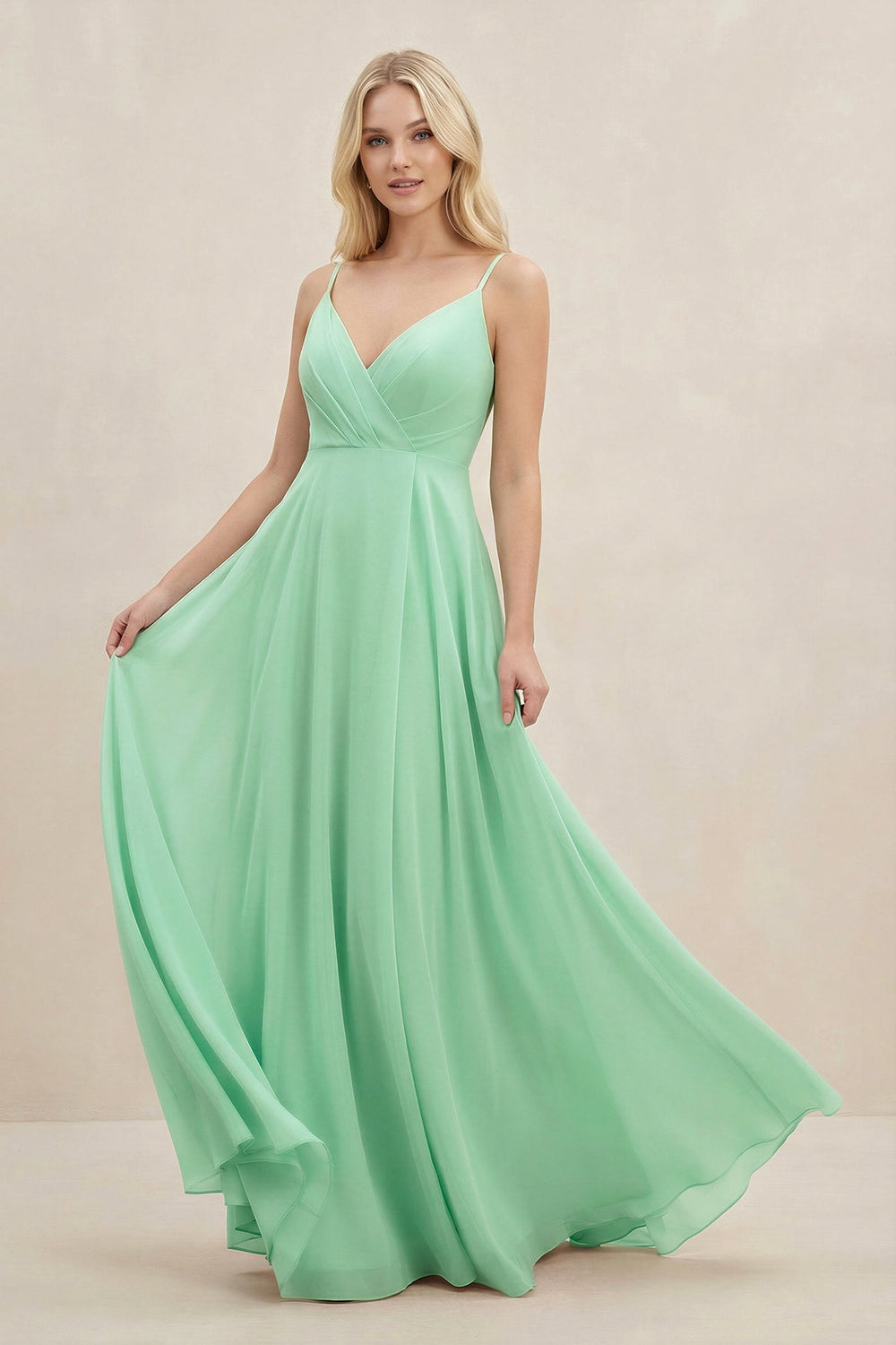 A-Line Spaghetti Strap Chiffon Bridesmaid Dress in Pale Pistachio