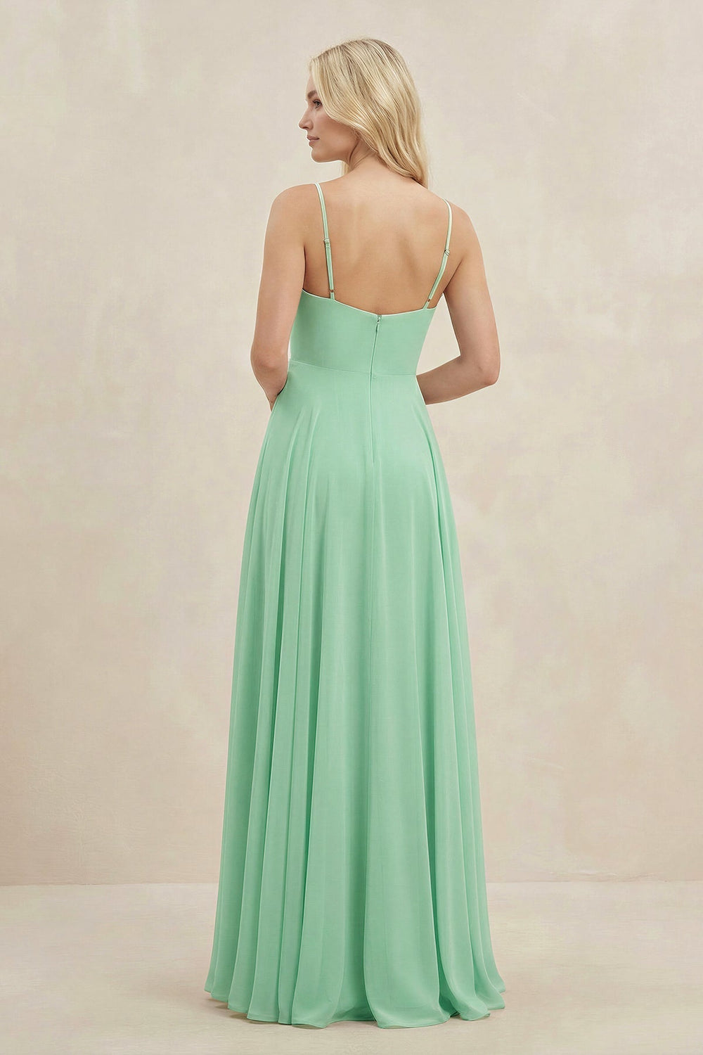 A-Line Spaghetti Strap Chiffon Bridesmaid Dress in Pale Pistachio