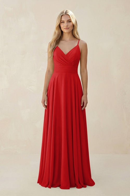 Spaghetti Strap A - Line Chiffon Bridesmaid Dress in Ruby Red - KISS BRIDAL Bridesmaid Dresses