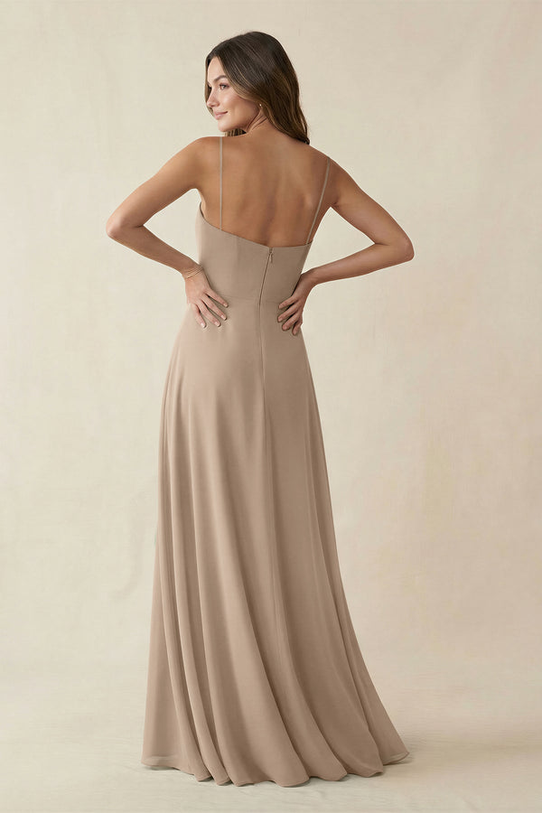 Spaghetti Strap A-Line Chiffon Maxi Bridesmaid Dress in Almond (2) | KISSBRIDAL