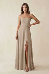 Spaghetti Strap A-Line Chiffon Maxi Bridesmaid Dress in Almond | KISSBRIDAL