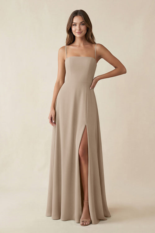 Spaghetti Strap A-Line Chiffon Maxi Bridesmaid Dress in Almond | KISSBRIDAL