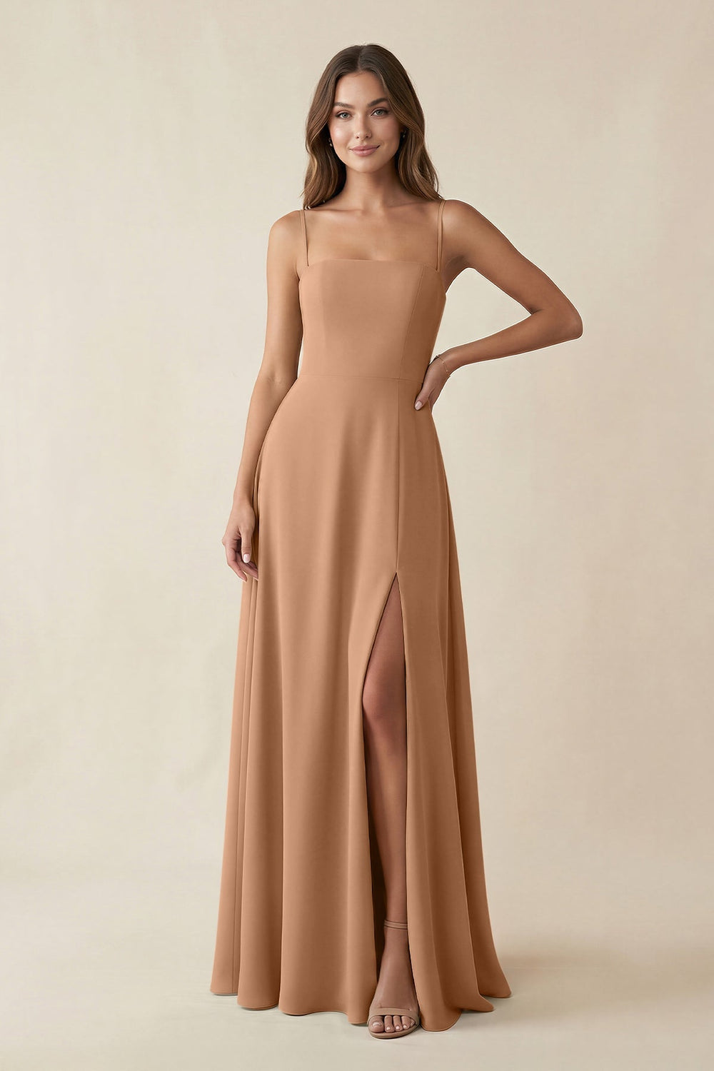 Spaghetti Strap A-Line Chiffon Maxi Bridesmaid Dress in Bronzer