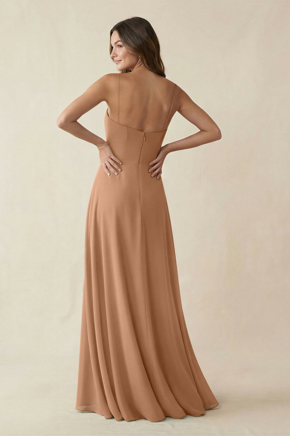 Spaghetti Strap A-Line Chiffon Maxi Bridesmaid Dress in Bronzer