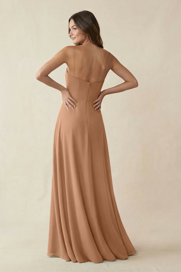 Spaghetti Strap A - Line Chiffon Maxi Bridesmaid Dress in Bronzer - KISS BRIDAL Bridesmaid Dresses