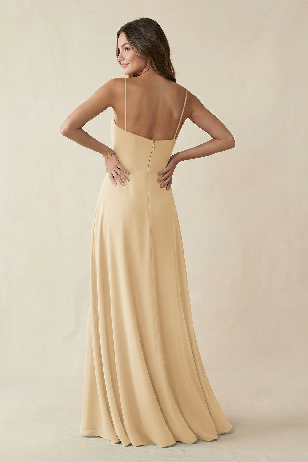 Spaghetti Strap A-Line Chiffon Maxi Bridesmaid Dress in Champagne