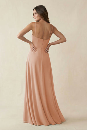 Spaghetti Strap A - Line Chiffon Maxi Bridesmaid Dress in Champagne Rose - KISS BRIDAL Bridesmaid Dresses