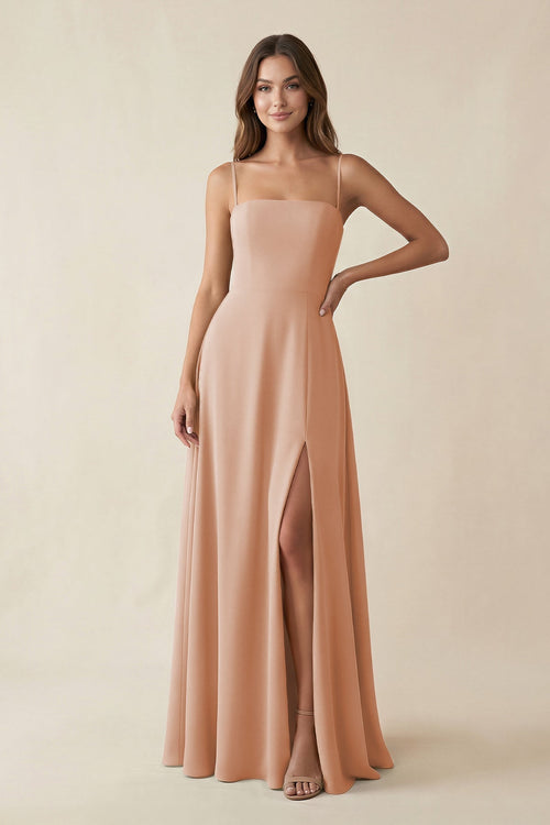 Spaghetti Strap A - Line Chiffon Maxi Bridesmaid Dress in Champagne Rose - KISS BRIDAL Bridesmaid Dresses