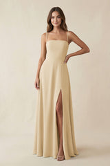 Spaghetti Strap A-Line Chiffon Maxi Bridesmaid Dress in Champagne | KISSBRIDAL