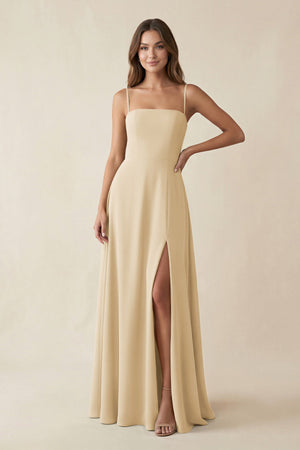 Spaghetti Strap A-Line Chiffon Maxi Bridesmaid Dress in Champagne | KISSBRIDAL