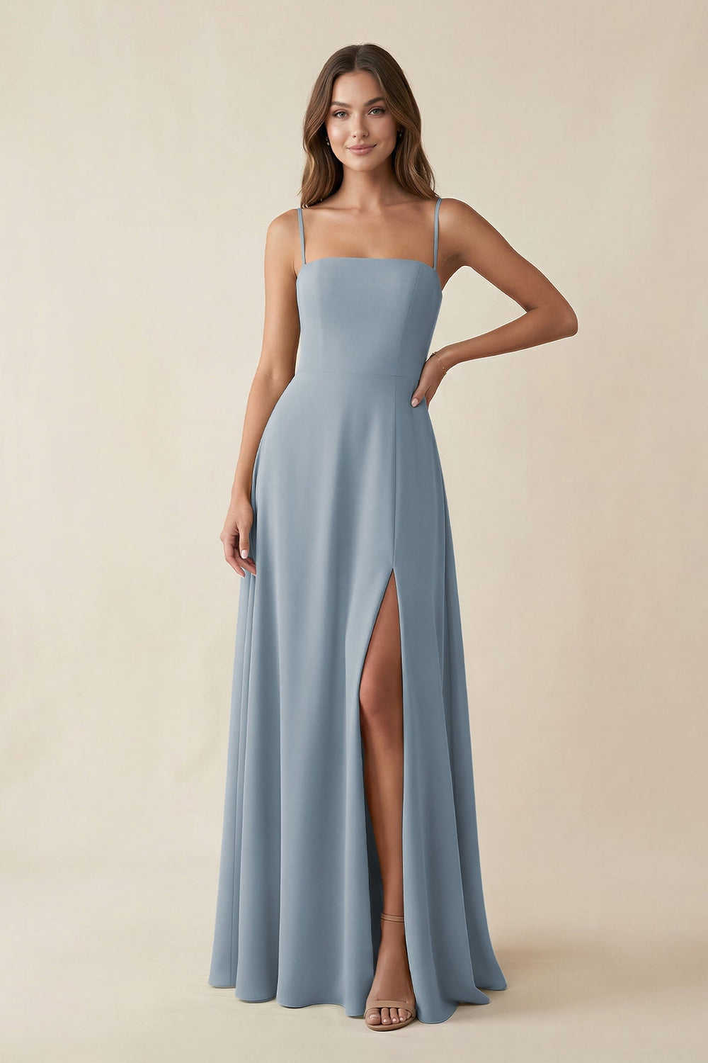 Spaghetti Strap A-Line Chiffon Maxi Bridesmaid Dress in Dusty Blue