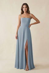 Spaghetti Strap A-Line Chiffon Maxi Bridesmaid Dress in Dusty Blue | KISSBRIDAL