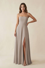 Spaghetti Strap A-Line Chiffon Maxi Bridesmaid Dress in Frost | KISSBRIDAL