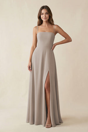 Spaghetti Strap A-Line Chiffon Maxi Bridesmaid Dress in Frost | KISSBRIDAL