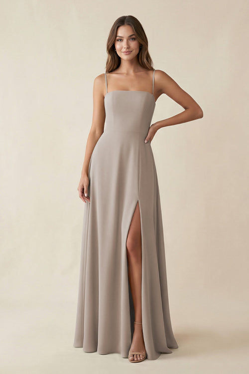 Spaghetti Strap A-Line Chiffon Maxi Bridesmaid Dress in Frost | KISSBRIDAL