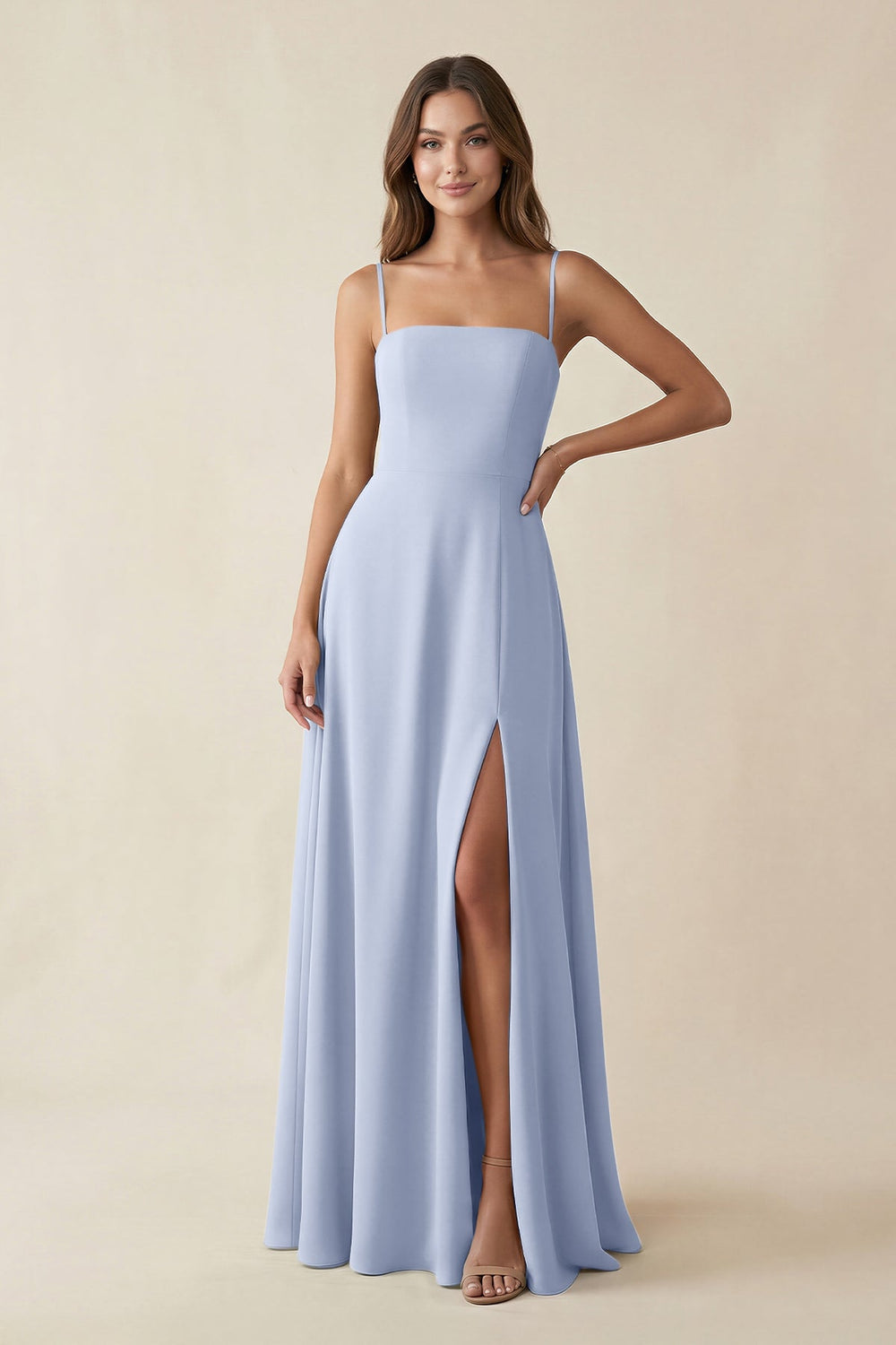 Spaghetti Strap A-Line Chiffon Maxi Bridesmaid Dress in Ice