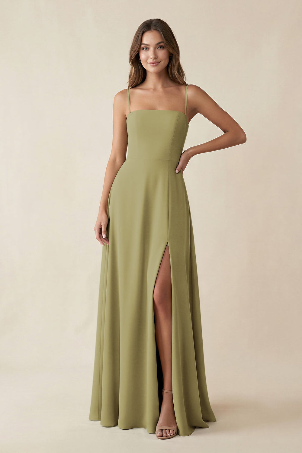 Spaghetti Strap A-Line Chiffon Maxi Bridesmaid Dress in Moss Green