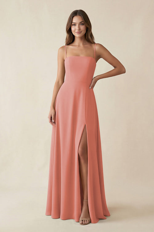 Spaghetti Strap A-Line Chiffon Maxi Bridesmaid Dress in Mulberry | KISSBRIDAL