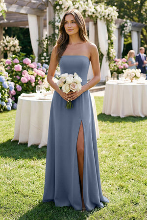 Spaghetti Strap A - Line Chiffon Maxi Bridesmaid Dress in Neptune - KISS BRIDAL Bridesmaid Dresses