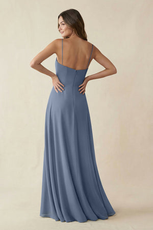 Spaghetti Strap A - Line Chiffon Maxi Bridesmaid Dress in Neptune - KISS BRIDAL Bridesmaid Dresses