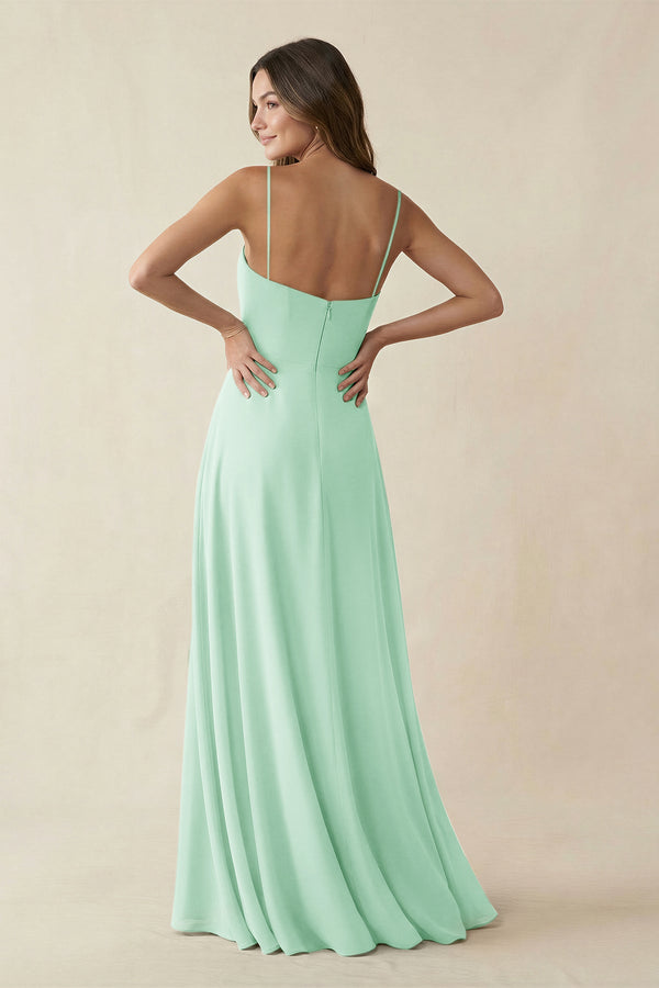 Spaghetti Strap A-Line Chiffon Maxi Bridesmaid Dress in Pale Pistachio (2) | KISSBRIDAL