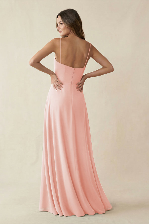Spaghetti Strap A-Line Chiffon Maxi Bridesmaid Dress in Rose Petal (2) | KISSBRIDAL
