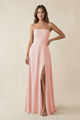 Spaghetti Strap A-Line Chiffon Maxi Bridesmaid Dress in Rose Petal | KISSBRIDAL