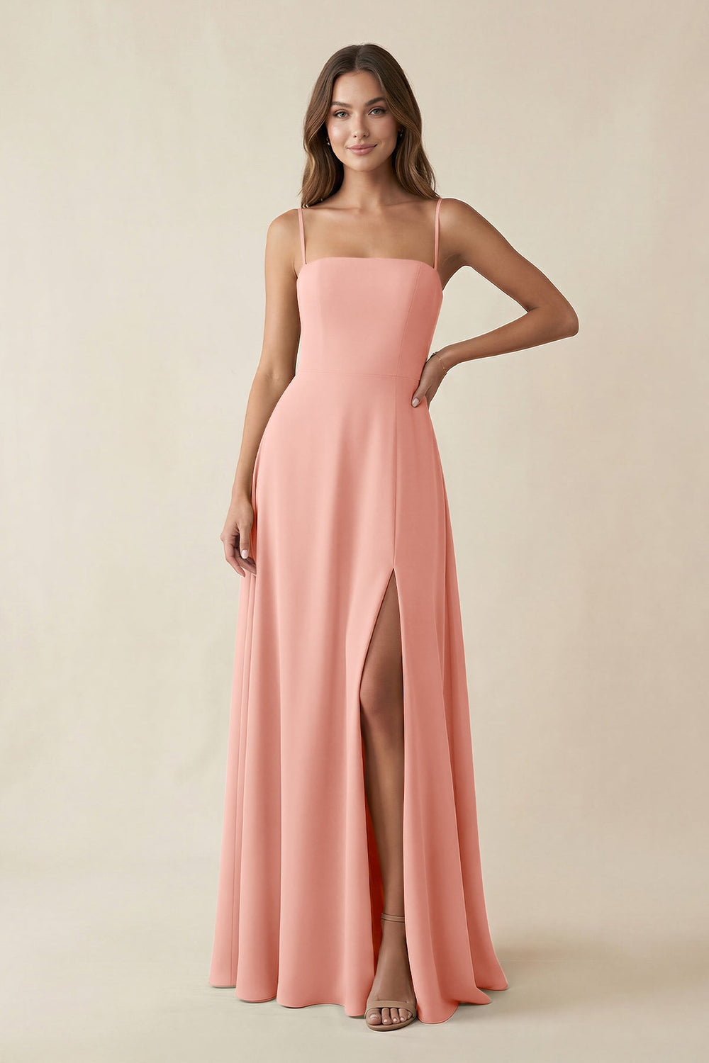 Spaghetti Strap A-Line Chiffon Maxi Bridesmaid Dress in Rosette