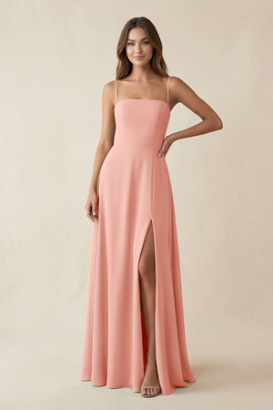 Spaghetti Strap A-Line Chiffon Maxi Bridesmaid Dress in Rosette | KISSBRIDAL