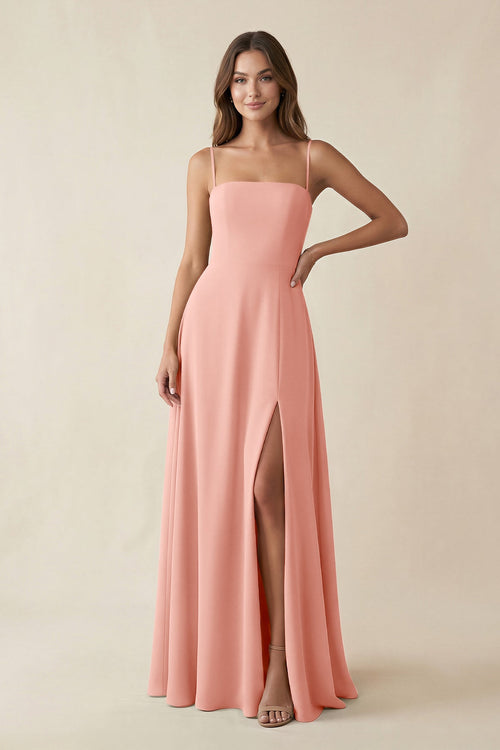Spaghetti Strap A-Line Chiffon Maxi Bridesmaid Dress in Rosette | KISSBRIDAL