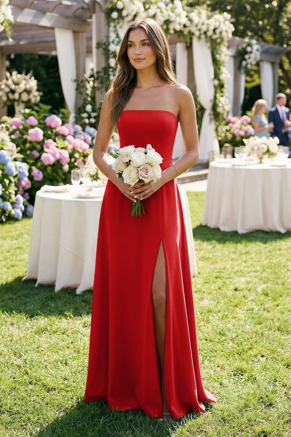 Spaghetti Strap A - Line Chiffon Maxi Bridesmaid Dress in Ruby Red - KISS BRIDAL Bridesmaid Dresses