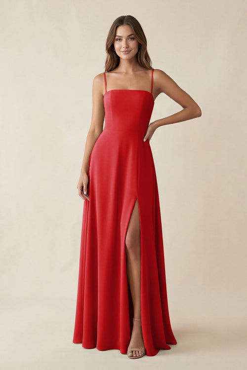Spaghetti Strap A - Line Chiffon Maxi Bridesmaid Dress in Ruby Red - KISS BRIDAL Bridesmaid Dresses