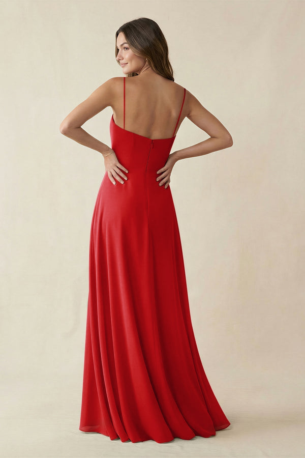 Spaghetti Strap A - Line Chiffon Maxi Bridesmaid Dress in Ruby Red - KISS BRIDAL Bridesmaid Dresses