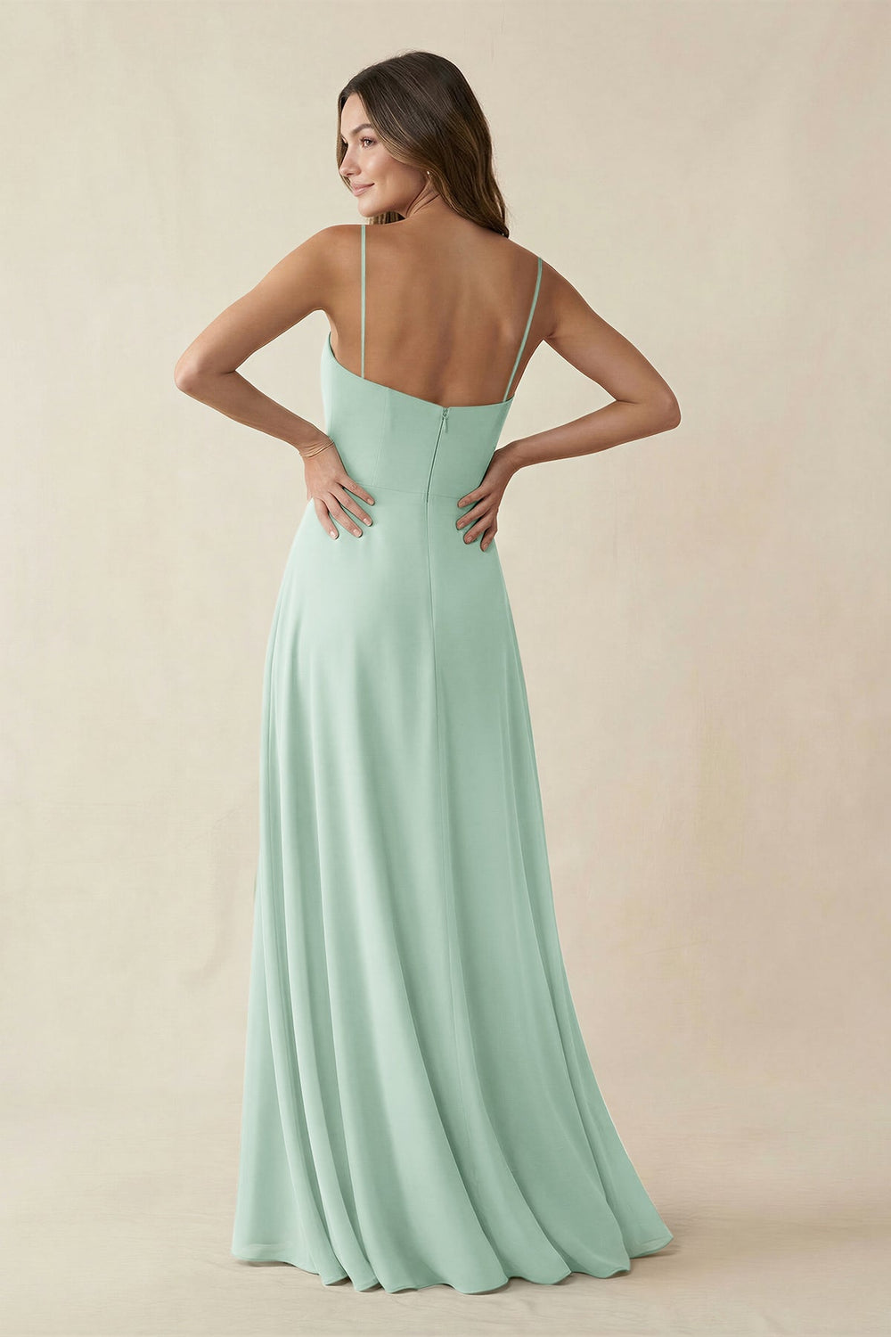 Spaghetti Strap A-Line Chiffon Maxi Bridesmaid Dress in Sage