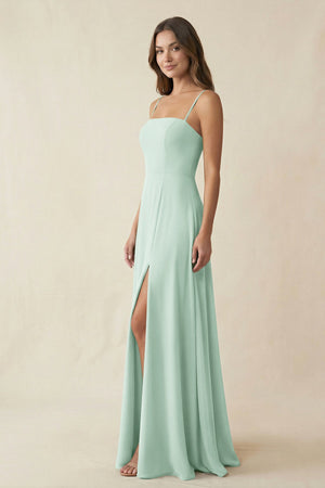 Spaghetti Strap A-Line Chiffon Maxi Bridesmaid Dress in Sage (3) | KISSBRIDAL