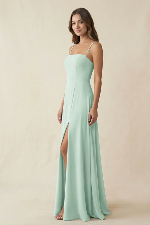 Spaghetti Strap A-Line Chiffon Maxi Bridesmaid Dress in Sage (3) | KISSBRIDAL