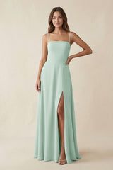 Spaghetti Strap A-Line Chiffon Maxi Bridesmaid Dress in Sage | KISSBRIDAL