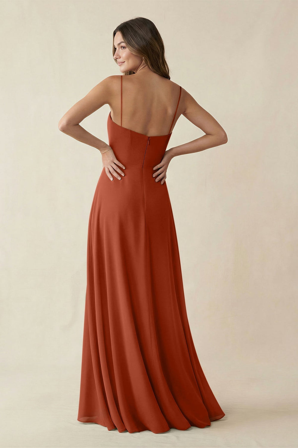 Spaghetti Strap A-Line Chiffon Maxi Bridesmaid Dress in Spice
