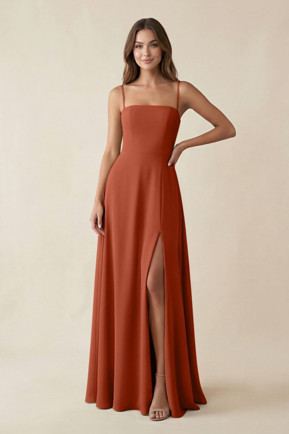 Spaghetti Strap A-Line Chiffon Maxi Bridesmaid Dress in Spice