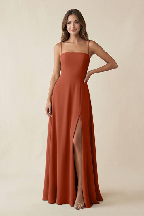 Spaghetti Strap A - Line Chiffon Maxi Bridesmaid Dress in Spice - KISS BRIDAL Bridesmaid Dresses