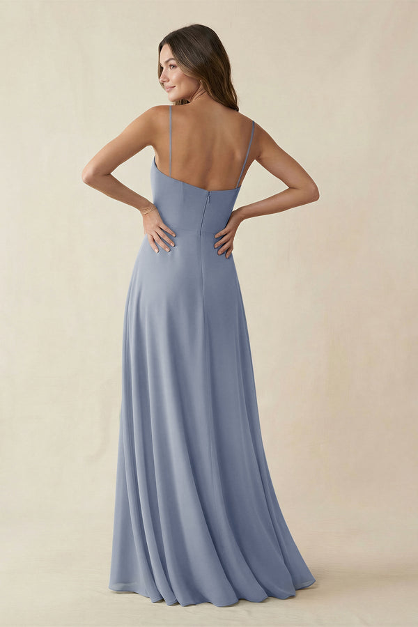 Spaghetti Strap A - Line Chiffon Maxi Bridesmaid Dress in Twilight - KISS BRIDAL Bridesmaid Dresses