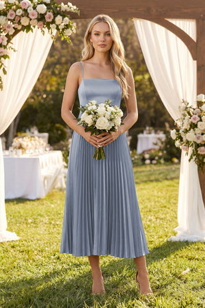 Spaghetti Strap A - Line Chiffon Midi Bridesmaid Dress in Twilight - KISS BRIDAL Bridesmaid Dresses