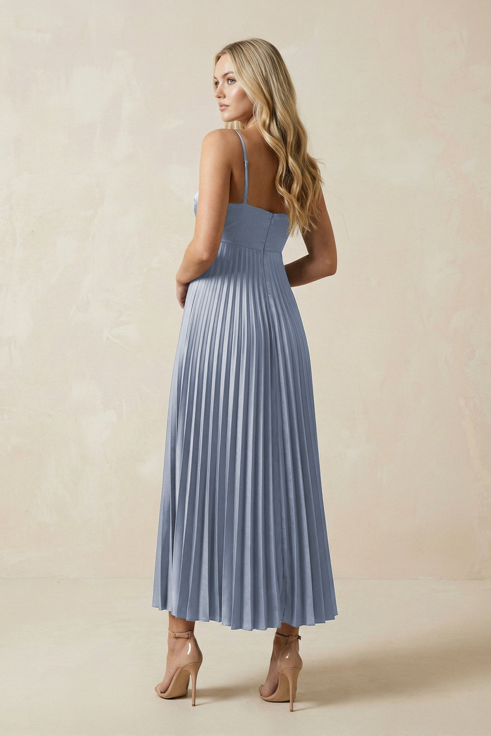 Spaghetti Strap A-Line Satin Midi Bridesmaid Dress in Twilight