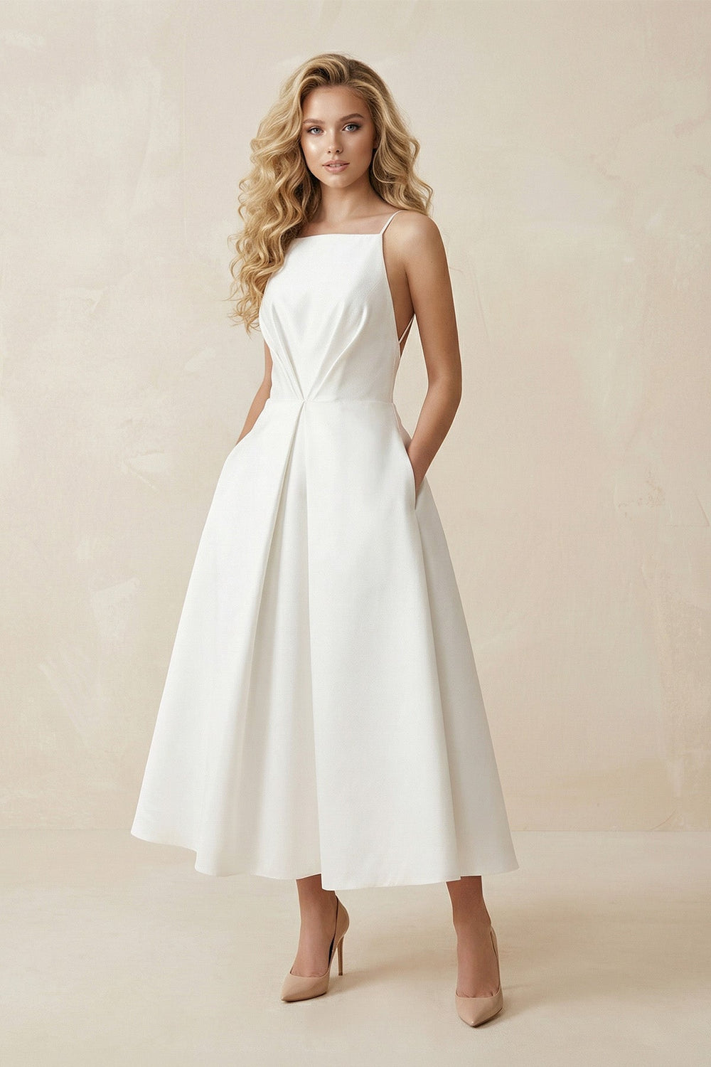 Spaghetti Strap A-Line Satin Midi Wedding Dress in White
