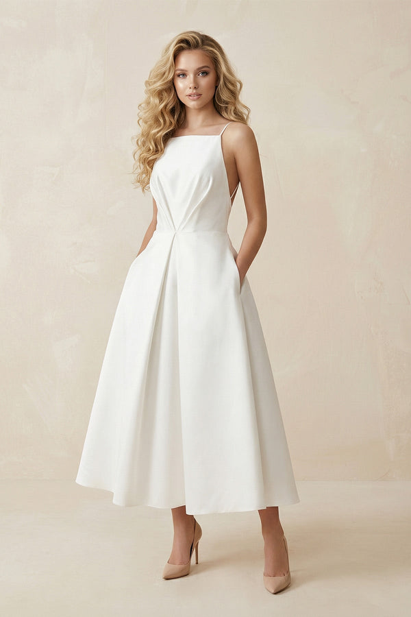 Spaghetti Strap A - Line Satin Midi Wedding Dress in White - KISS BRIDAL Wedding Dresses