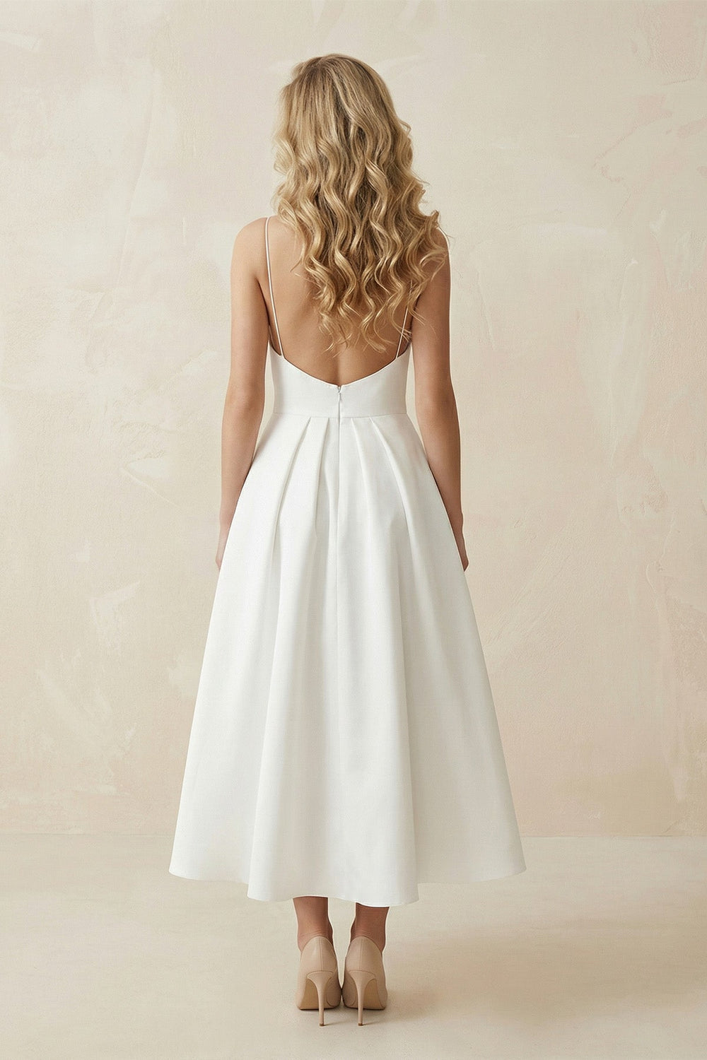 Spaghetti Strap A-Line Satin Midi Wedding Dress in White