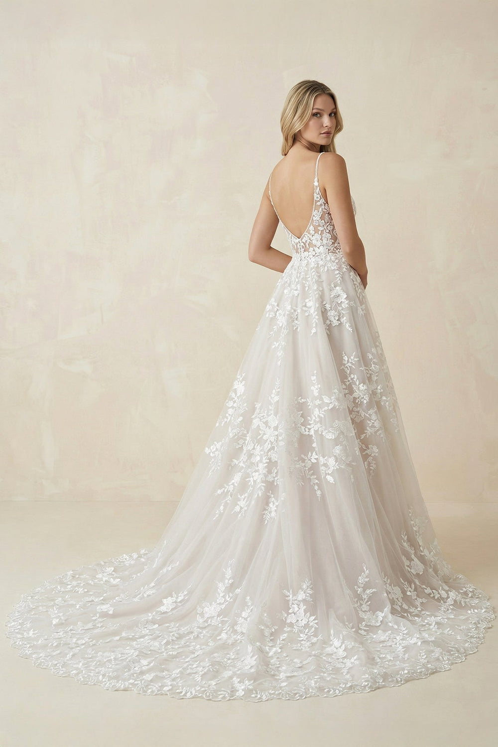 Spaghetti Strap Appliqued Tulle Wedding Dress in Ivory