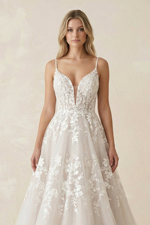 Spaghetti Strap Appliqued Tulle Wedding Dress in Ivory - KISS BRIDAL Wedding Dresses